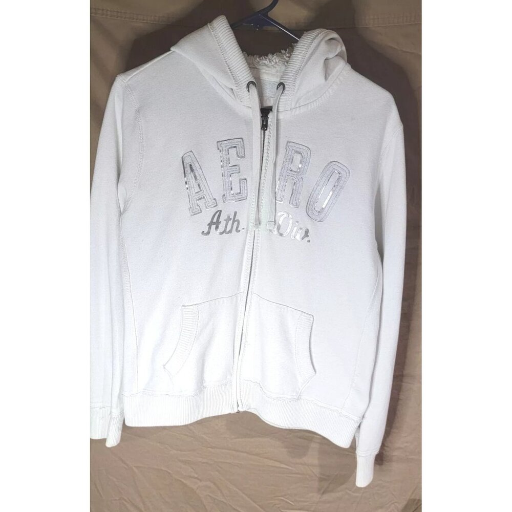 Y2K Aeropostale Women Size Large Faux Fur White Cream Hoodie Full Zip VTG